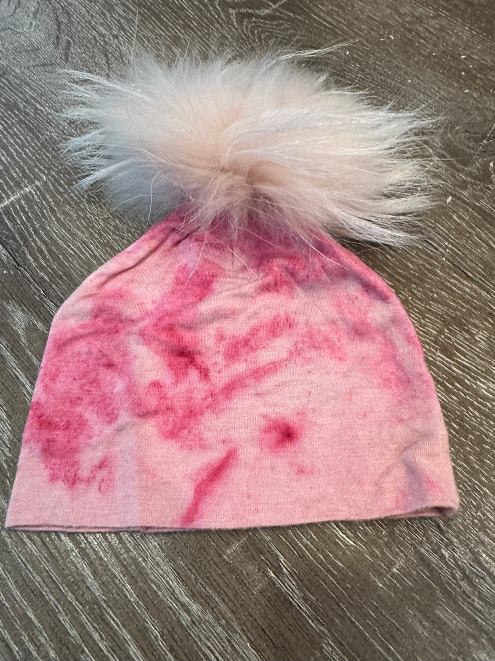 Pink Tie-Dye Knit Beanie with Fluffy Pom